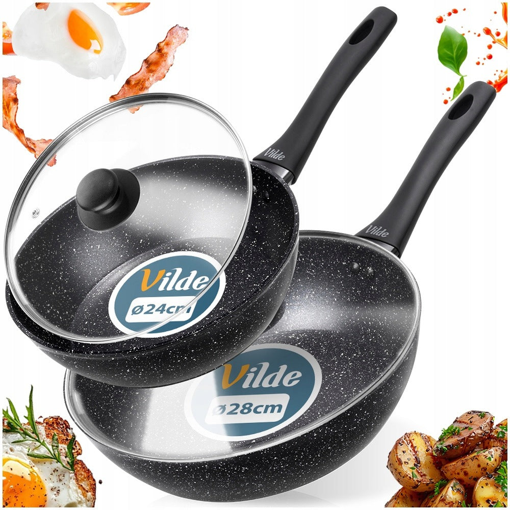 2x GRANITe frying pan with lid VILDE 24 28 cm