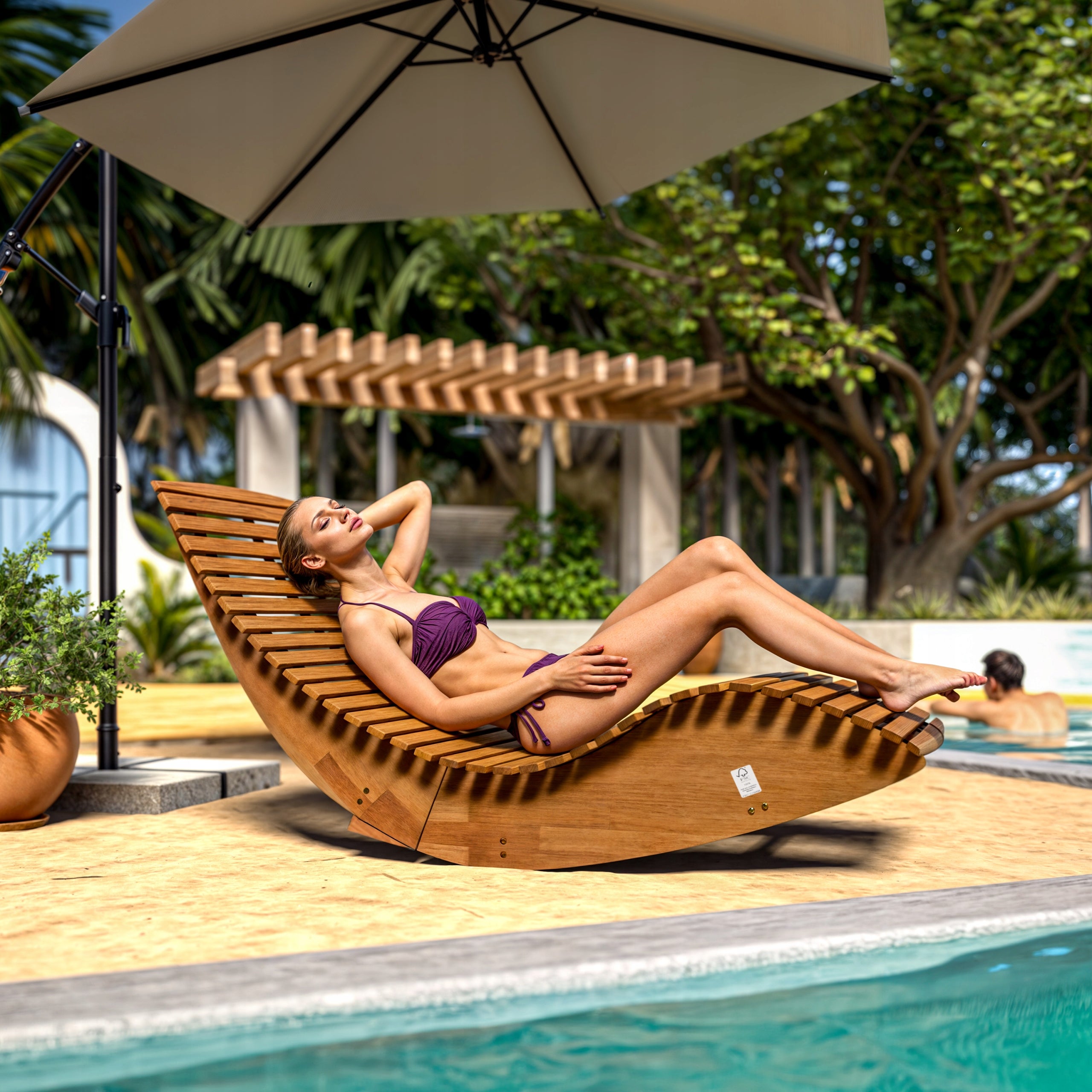 2x Garden Sun Lounger Wood Folding Rocking Couch Wood Acacia Sauna Color beige