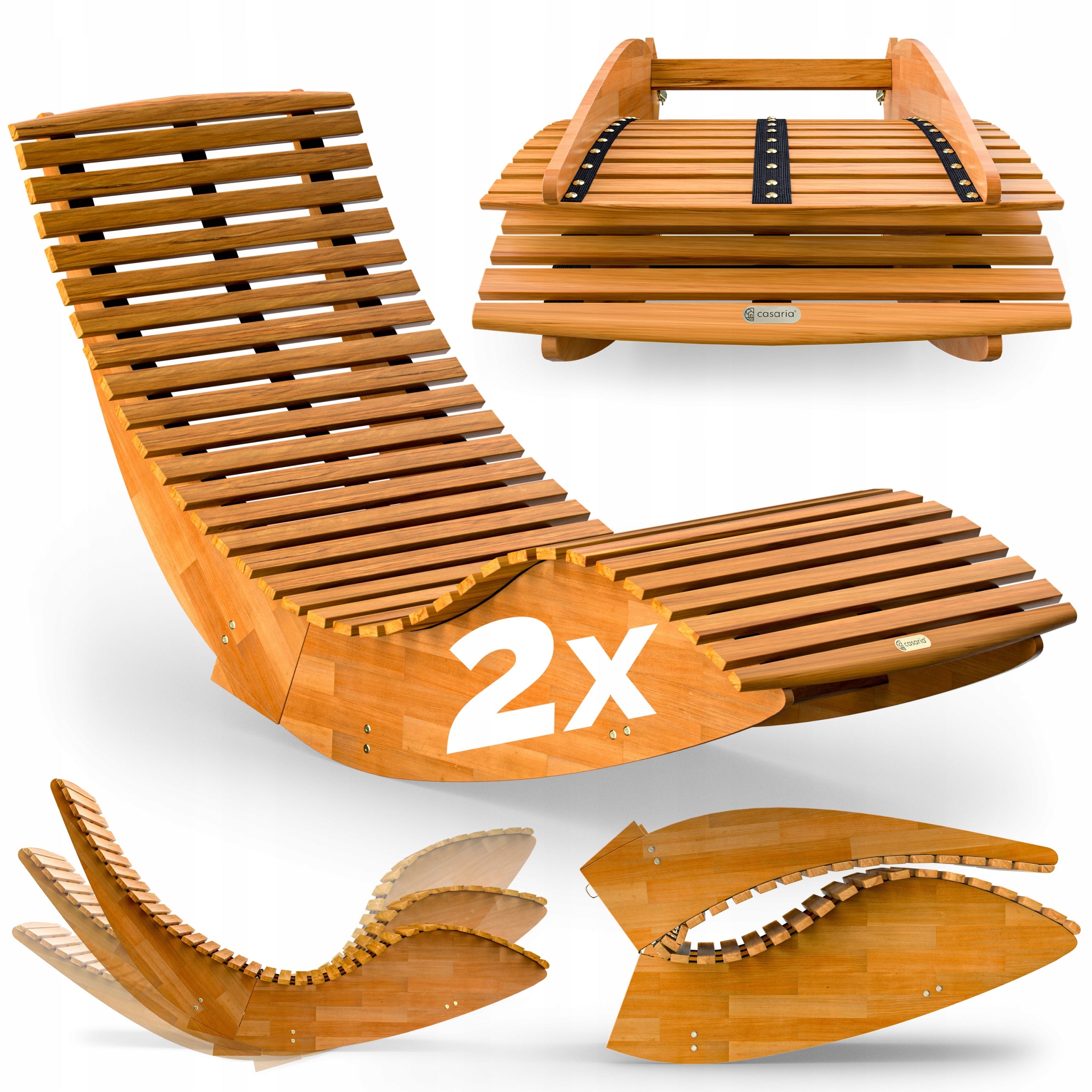 2x Garden Sun Lounger Wood Folding Rocking Couch Wood Acacia Sauna