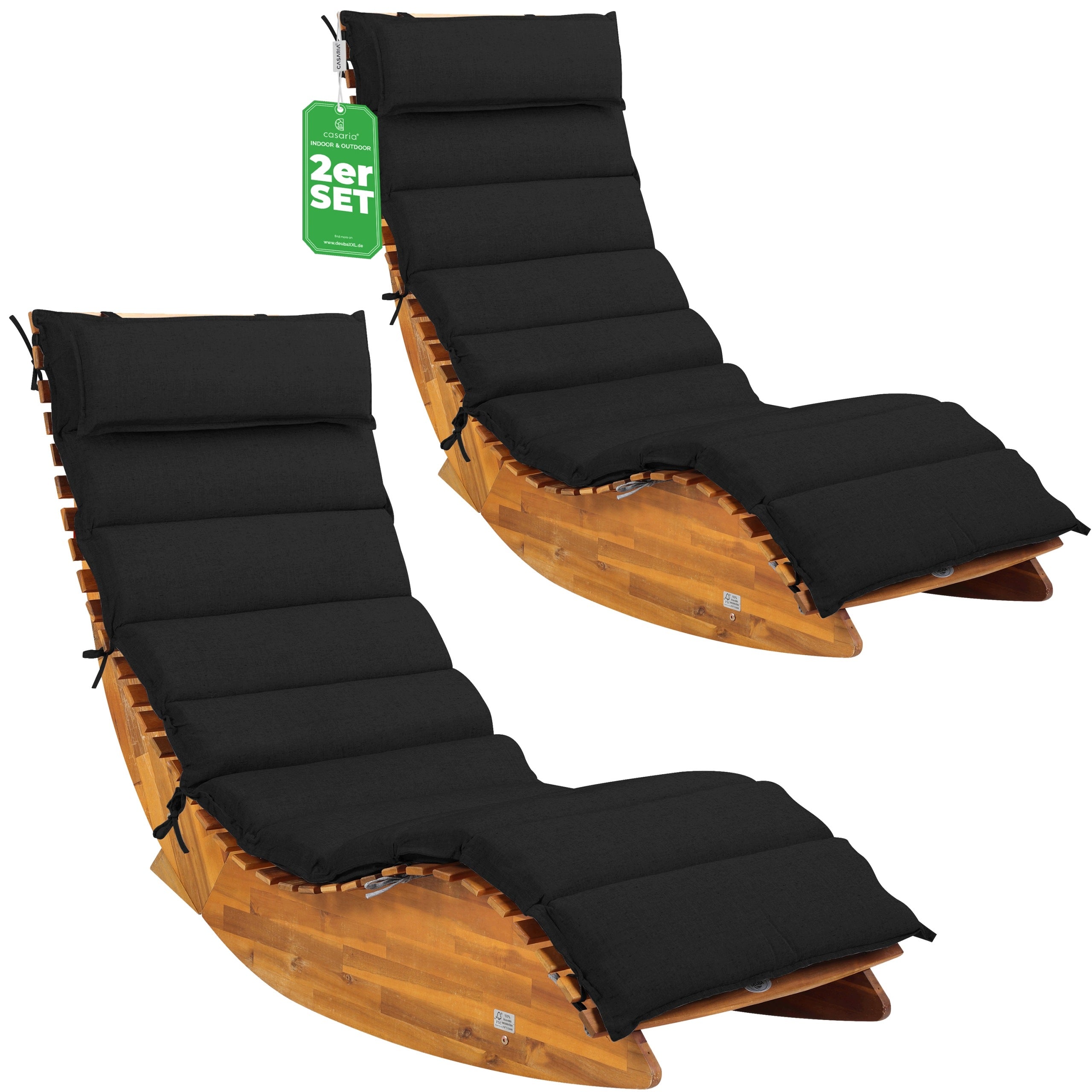 2x Garden Sun Lounger Wooden Folding Rocker Couch Wood Acacia + Pillow
