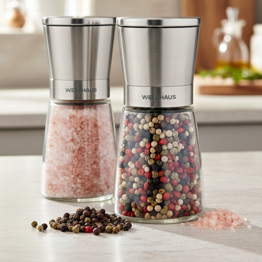 2x HAND GRINDERS FOR SALT PEPPER GLASS SPICES ADJUSTABLE LARGE WELLHAUS Packaging status original