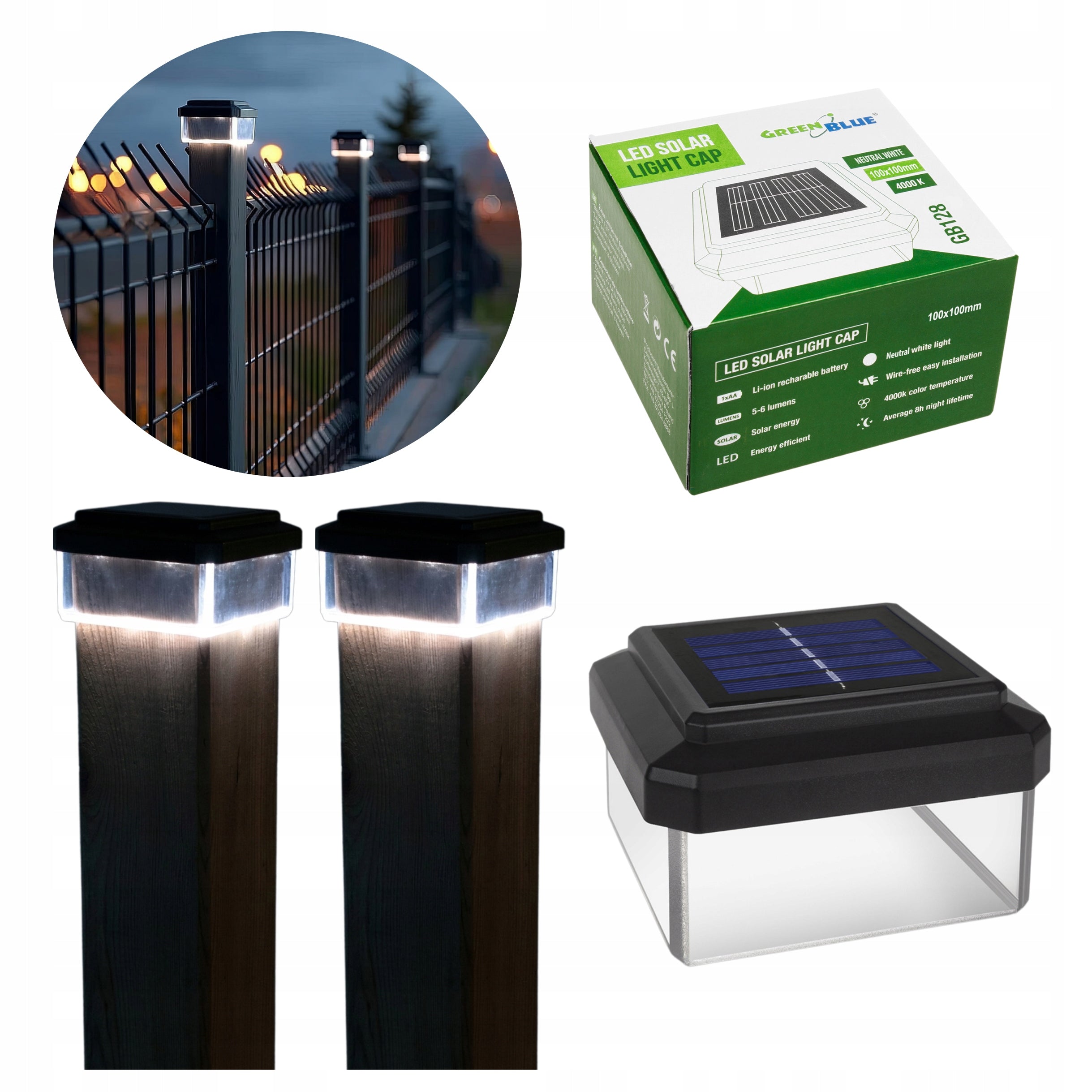 2x LED Solar Lamp Garden Post Cover 100x100mm Neutral White