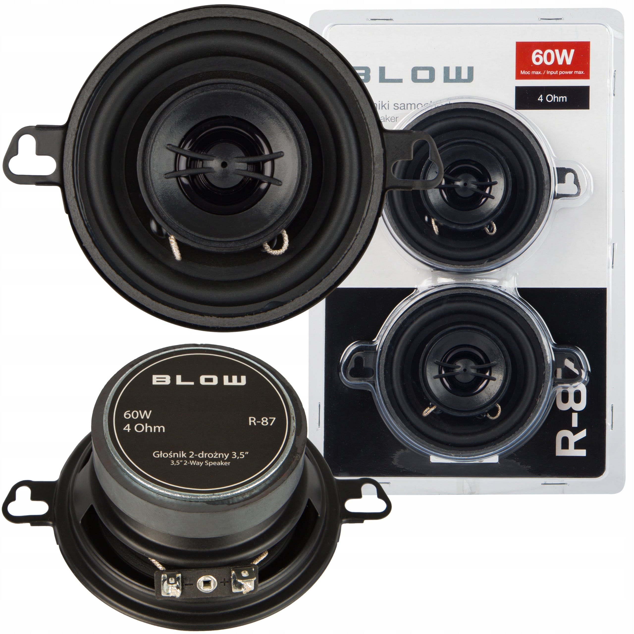 2x POWERFUL TWO-WAY CAR SPEAKERS 60W 4 Ohm 87mm 3,5'' FRONT REAR