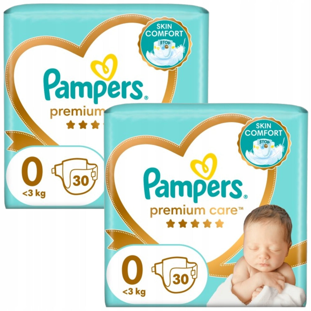 2x Pampers Premium Care Baby Diapers, Size 0, 3kg+ , 60 Diapers