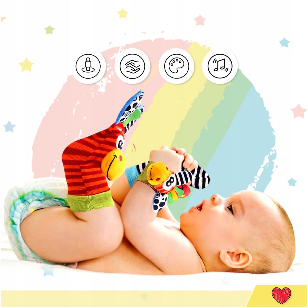 2x SOCKS + 2x 3D RATTLE BANDS SENSORY TOY FOR BABIES Manufacturer code Zestaw dla niemowląt Grzechotki skarpetki 3D