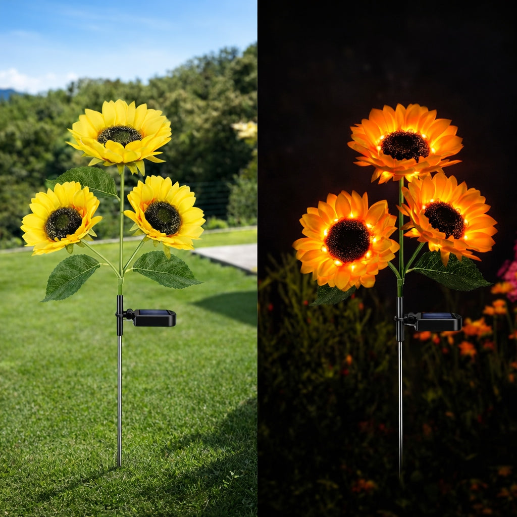 2x Solar Lamp Punched LED Sunflower 3-Head Decorative Flower 3000K Brand SuperLED