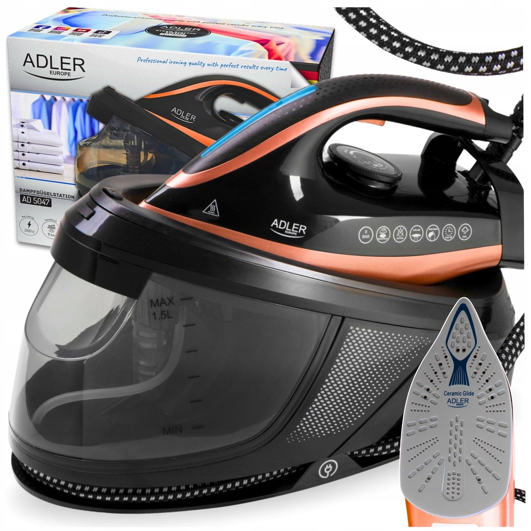 2x Steam Station Adler 3100 W Ceramic Foot 1500 Ml