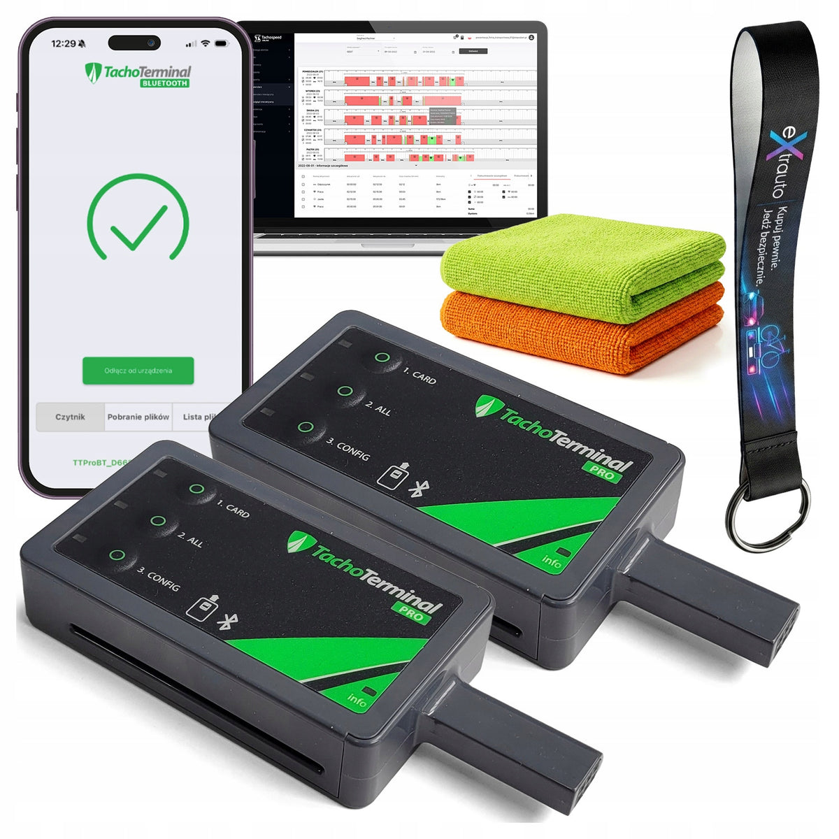 2x TACHOGRAPH AND CARD READER Tachoterminal Pro 3 BT + LEASH + CLOTHS