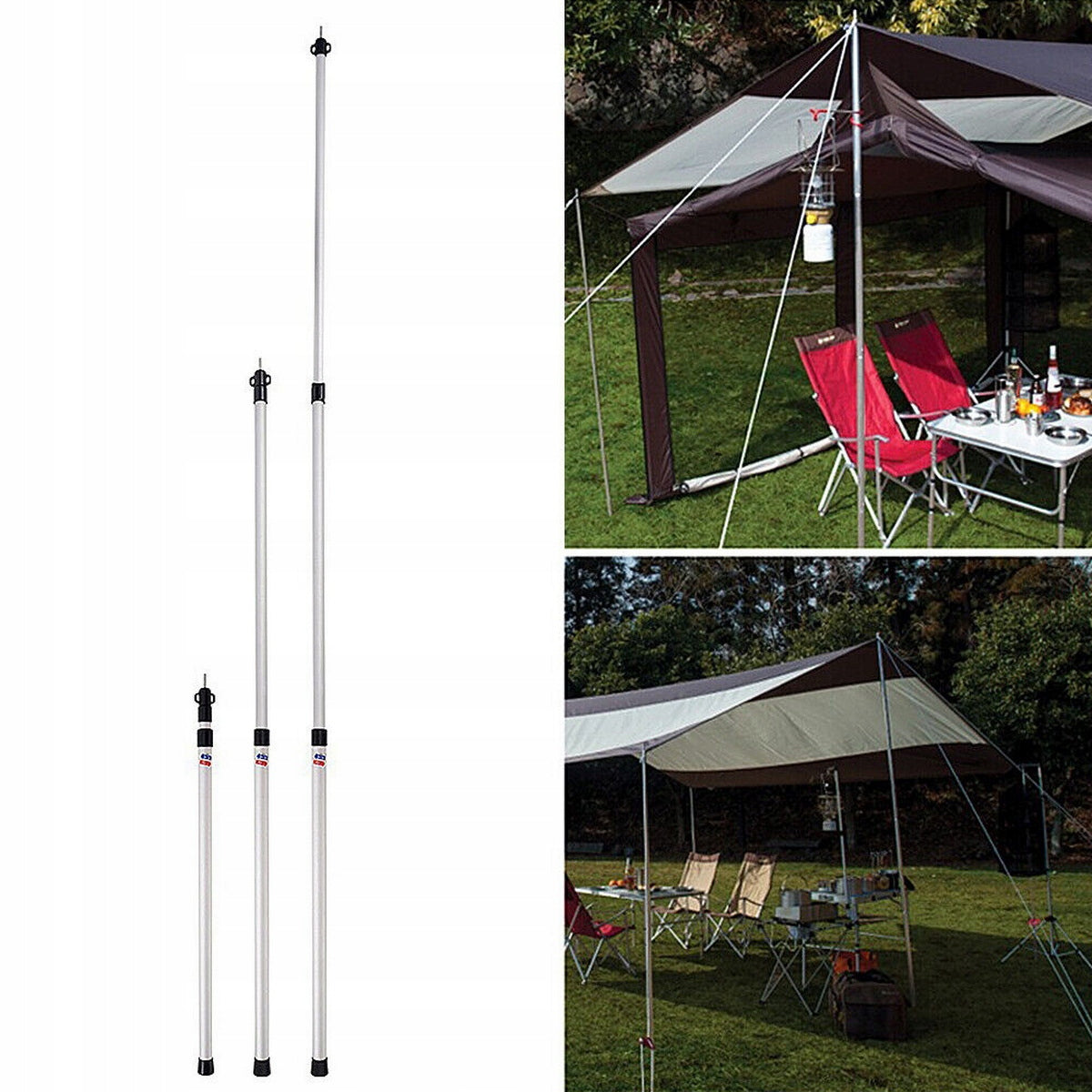 2x TENT RODS CAMPING TELESCOPIC AWNINGS 90-230CM 3-Section POSTS Packaging status original