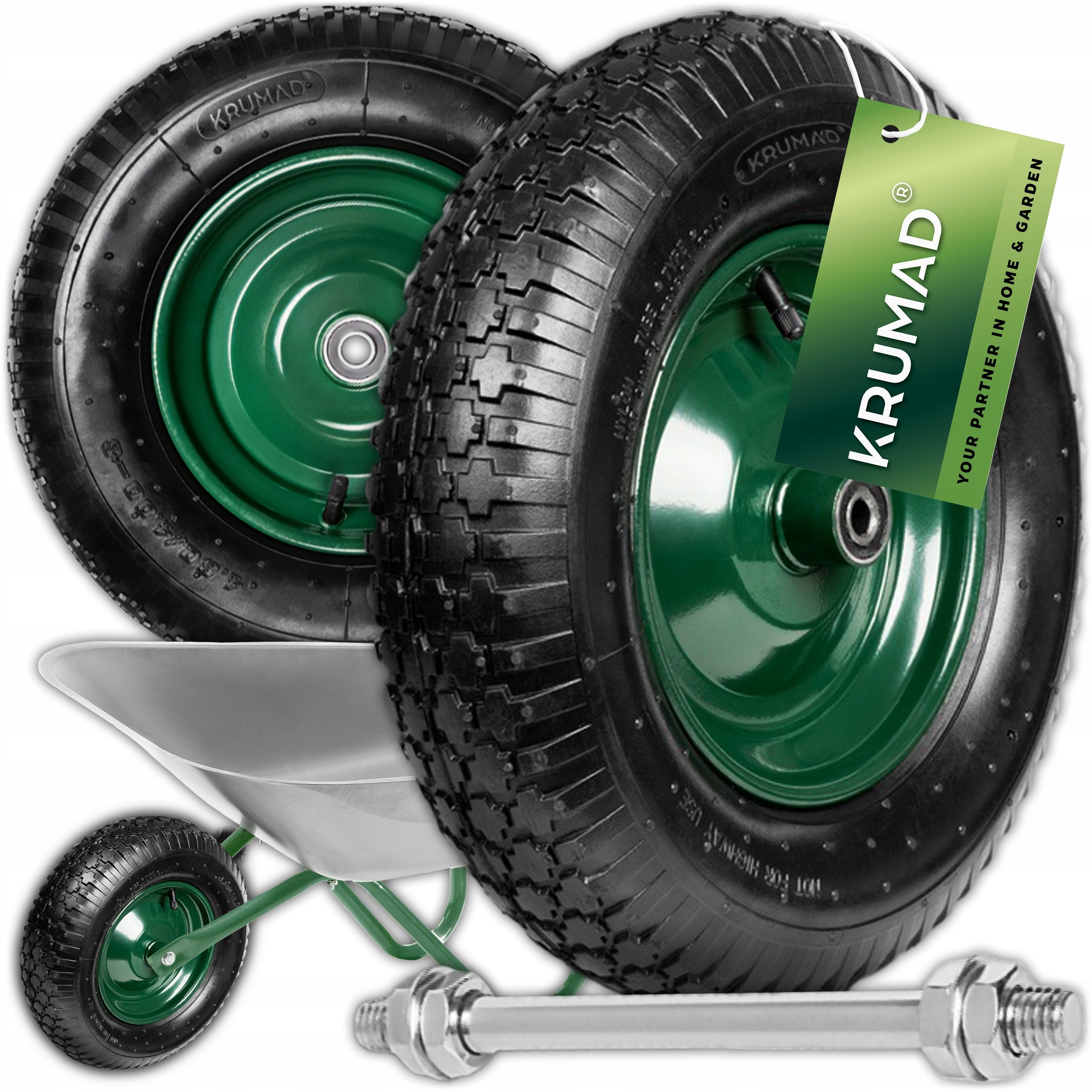 2x WHEEL FOR WHEELBARROW STRONG WITH INNER TUBE PUMPED 4.80/4.00-8 + AXLE
