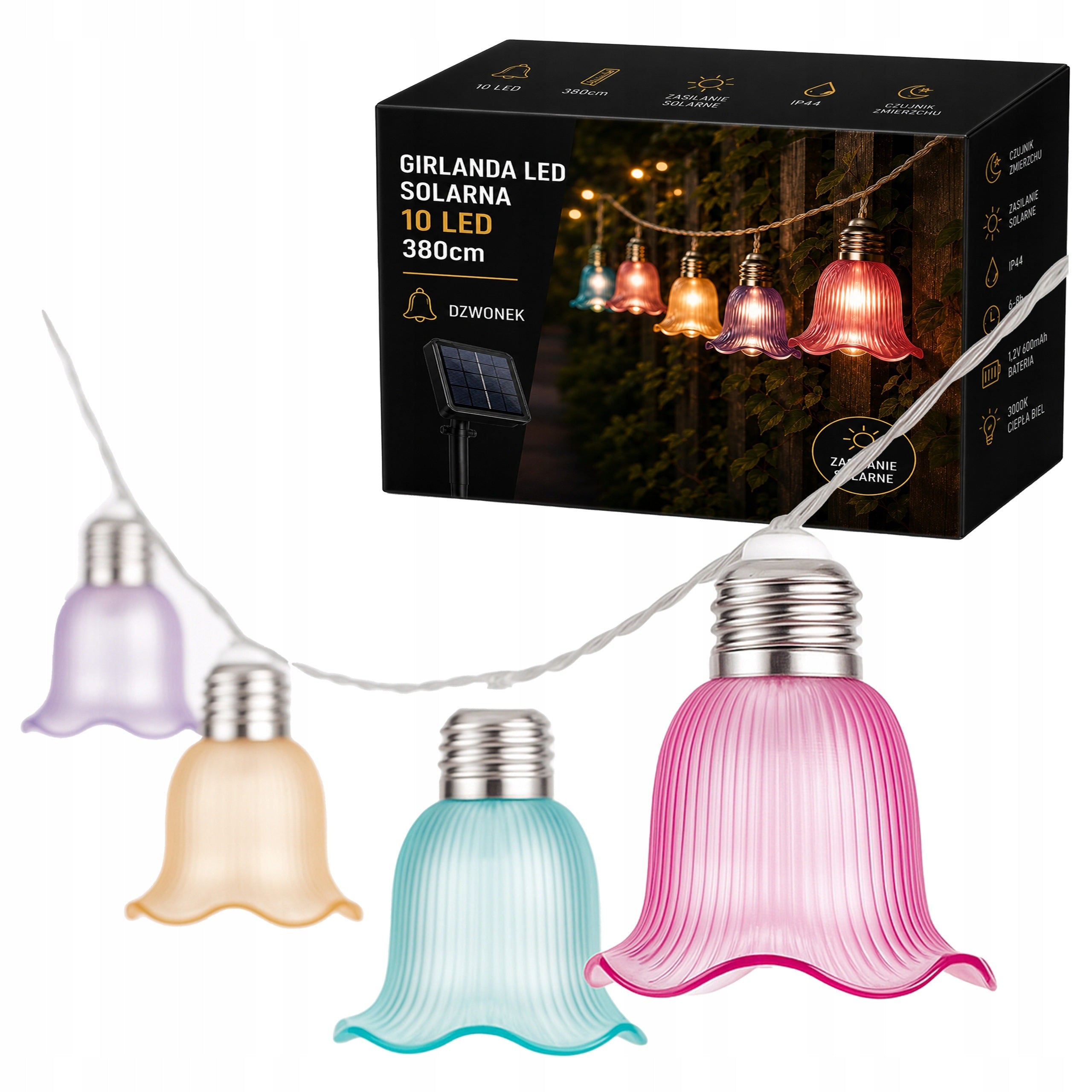3.8m Solar Garden String Lights with 10x Bell-Shaped LEDs - Outdoor Solar Lamps