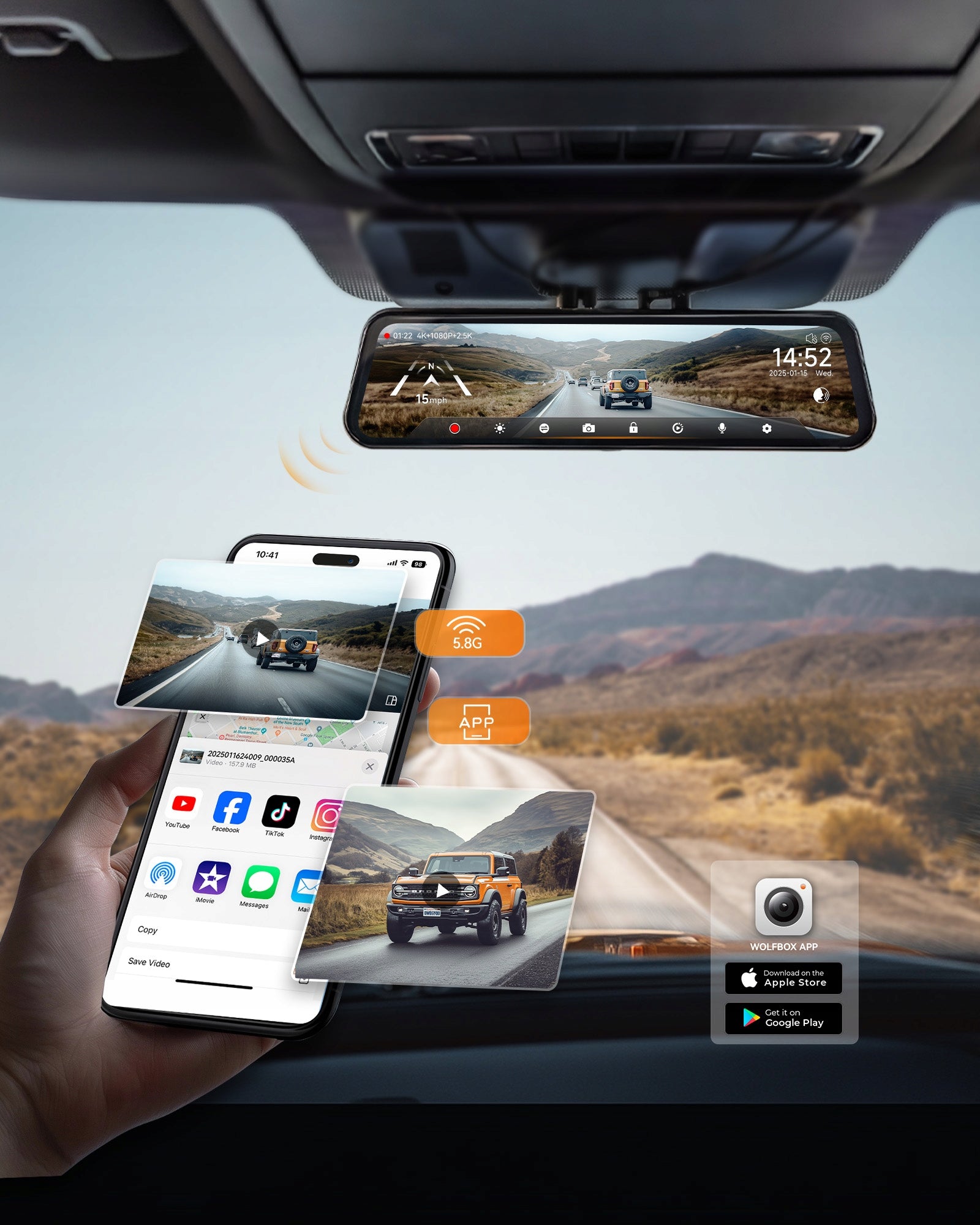 3-Channel 4K Mirror Dash Cam WOLFBOX G900 Tripro, STARVIS, 256GB, GPS Recording quality Full HD (1920 x 1080) QHD (2560 x 1440) 4K UHD (3840 x 2160)