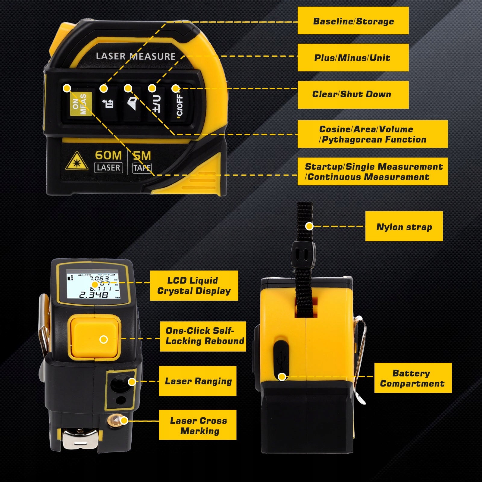 3-IN-1 LASER TAPE MEASURE LASER TAPE BACKLIT DISPLAY DURABLE ABS CASE Maximum working range 60 m