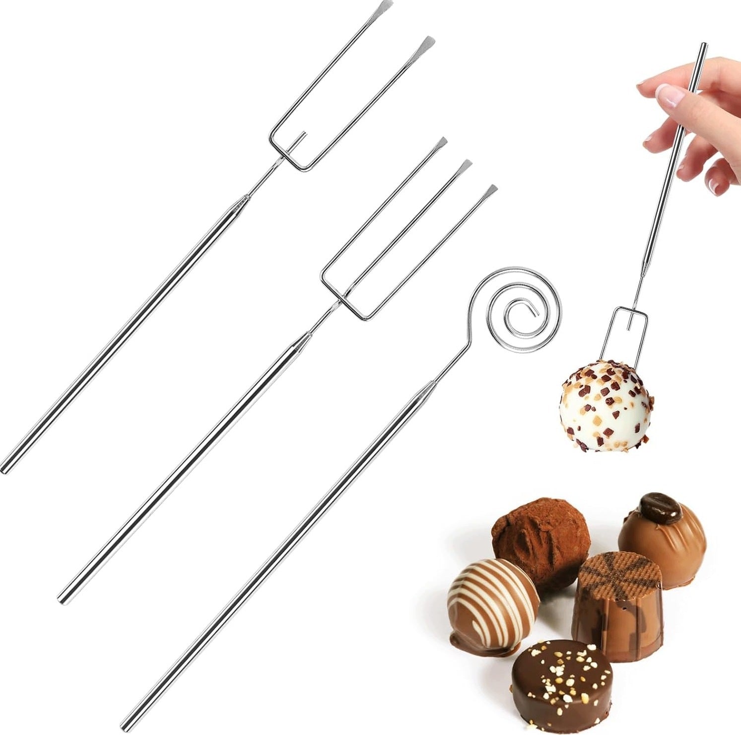 3 PIECE FORK FOR CHOCOLATE PRALINES FOR FONDUE SHINY STEEL