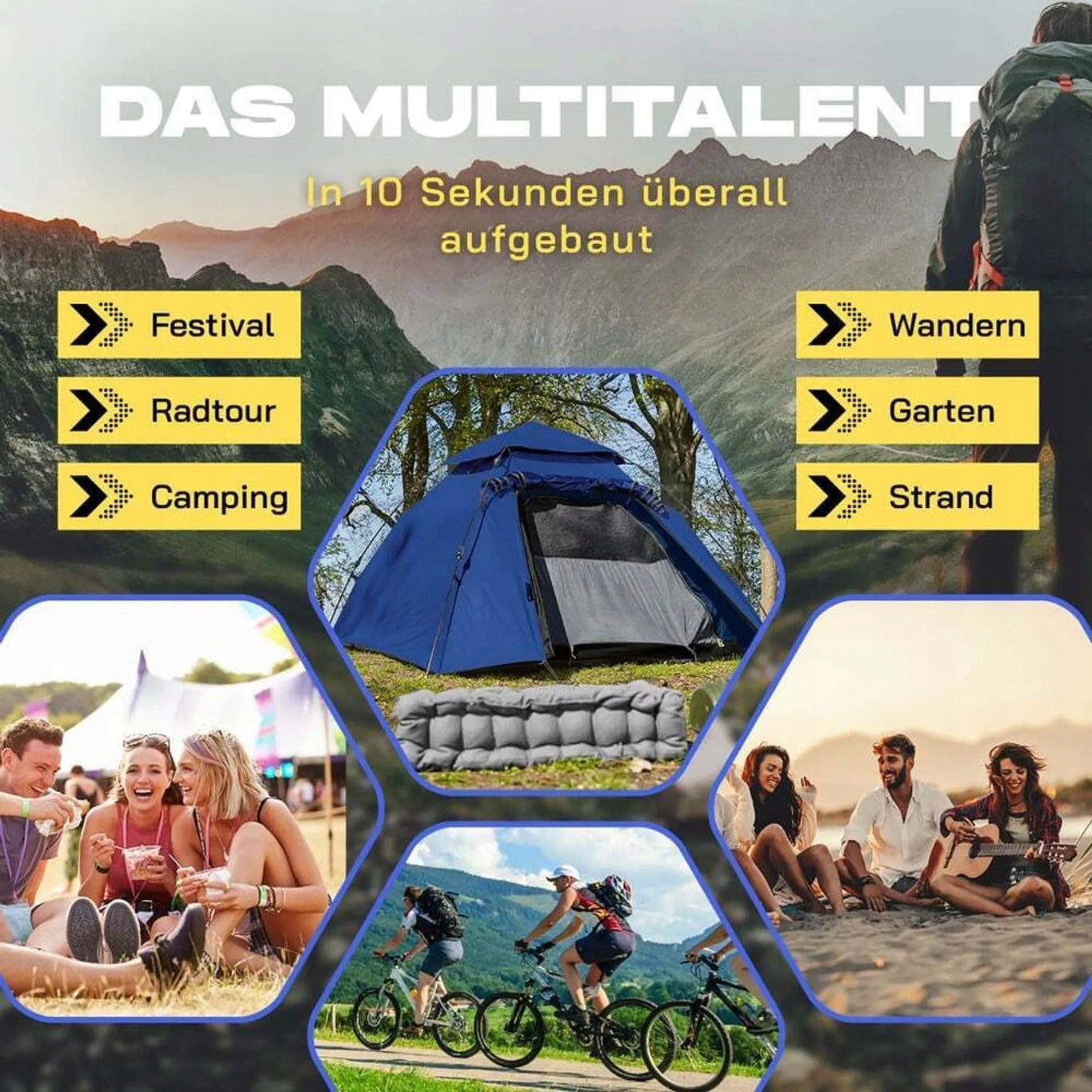 3 Person Camping Tent Pop Up Blue FOLDING IN 10 SECONDS Brand Lumaland
