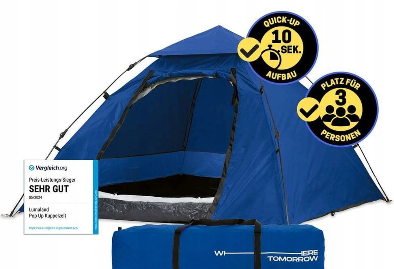 3 Person Camping Tent Pop Up Blue FOLDING IN 10 SECONDS