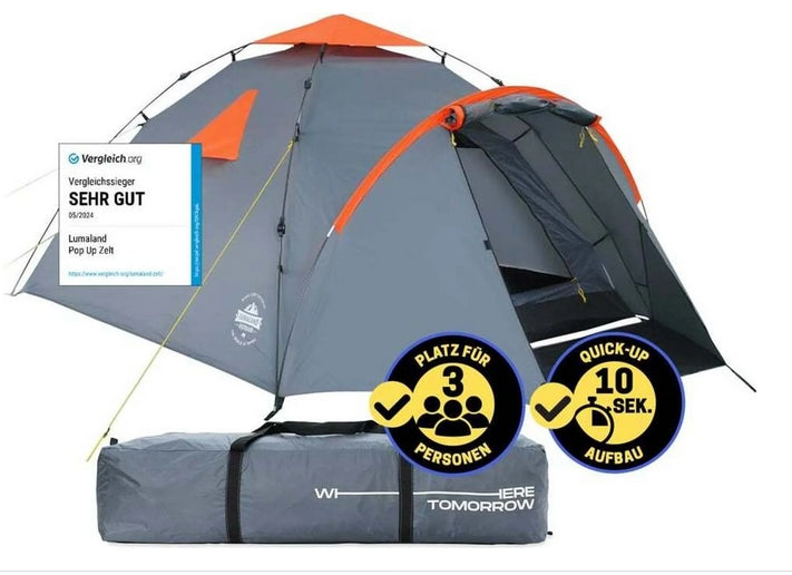 3 Person Tent Pop Up FOLDING IN 10 SEC. grey 220 x 220 x 130