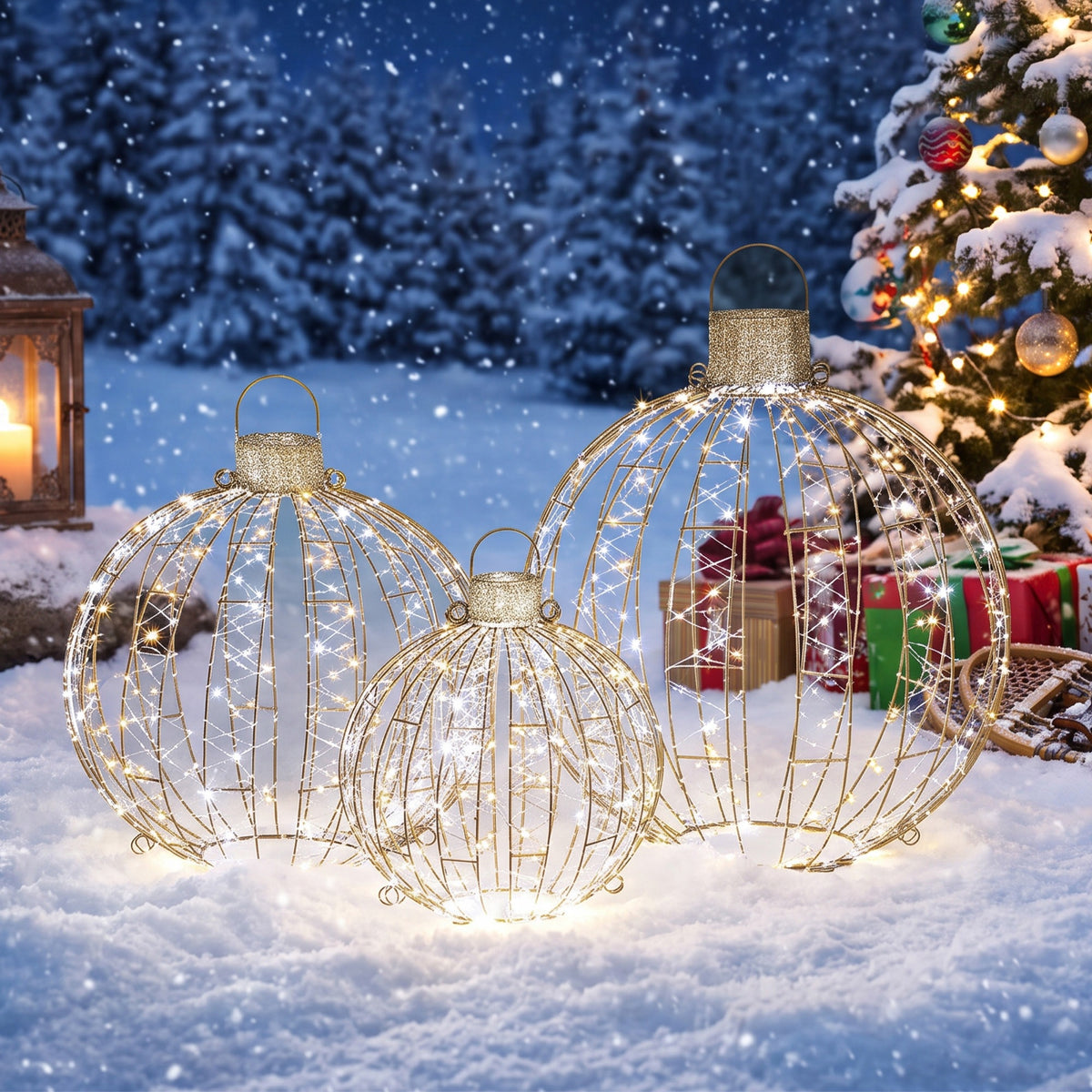 3-Piece Outdoor Illuminated Christmas Ball Set, 24h Timer Packaging status original