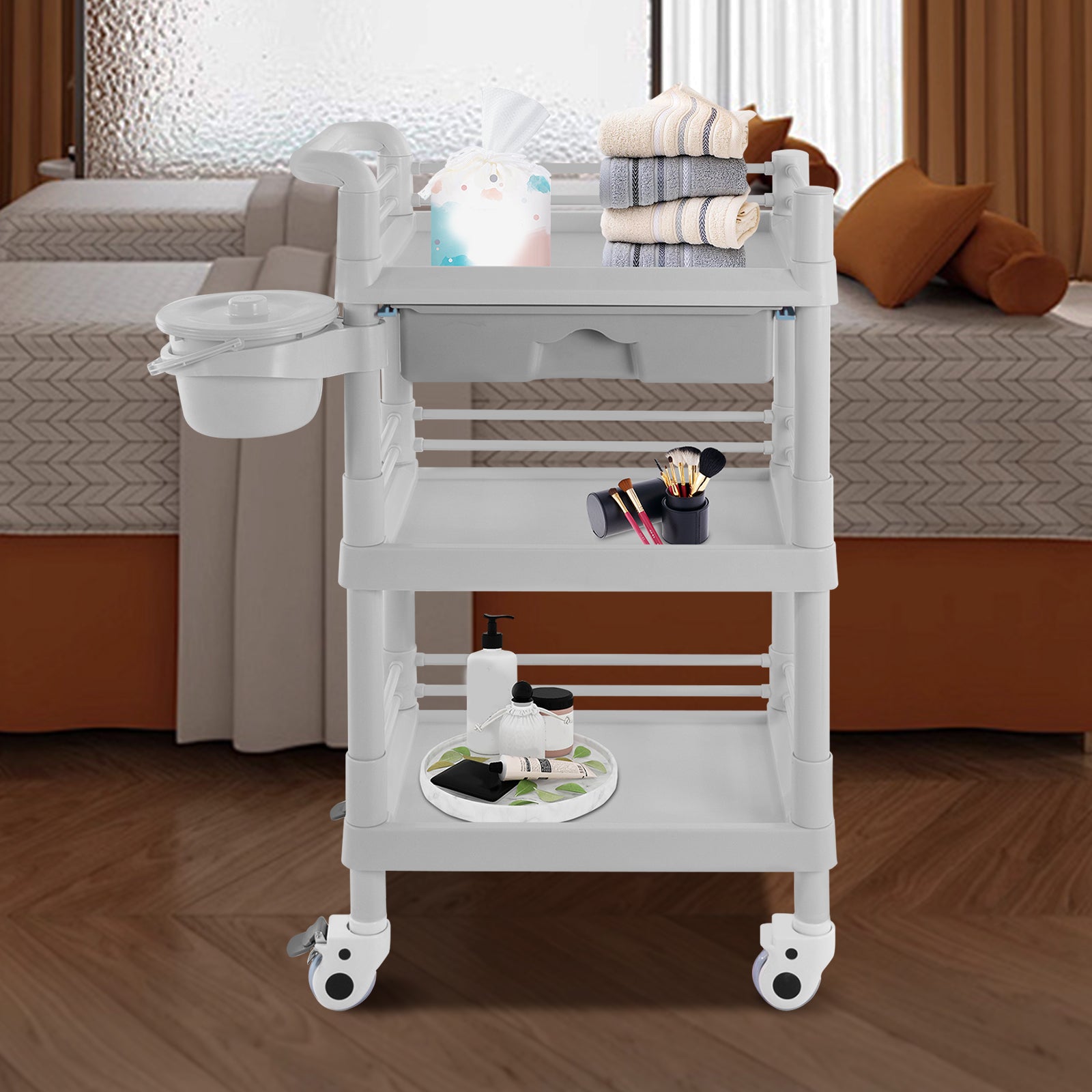 3-TIER LOUNGE CART, 100KG, DRAWER, TRASH CAN, WHEELS Brand no brand