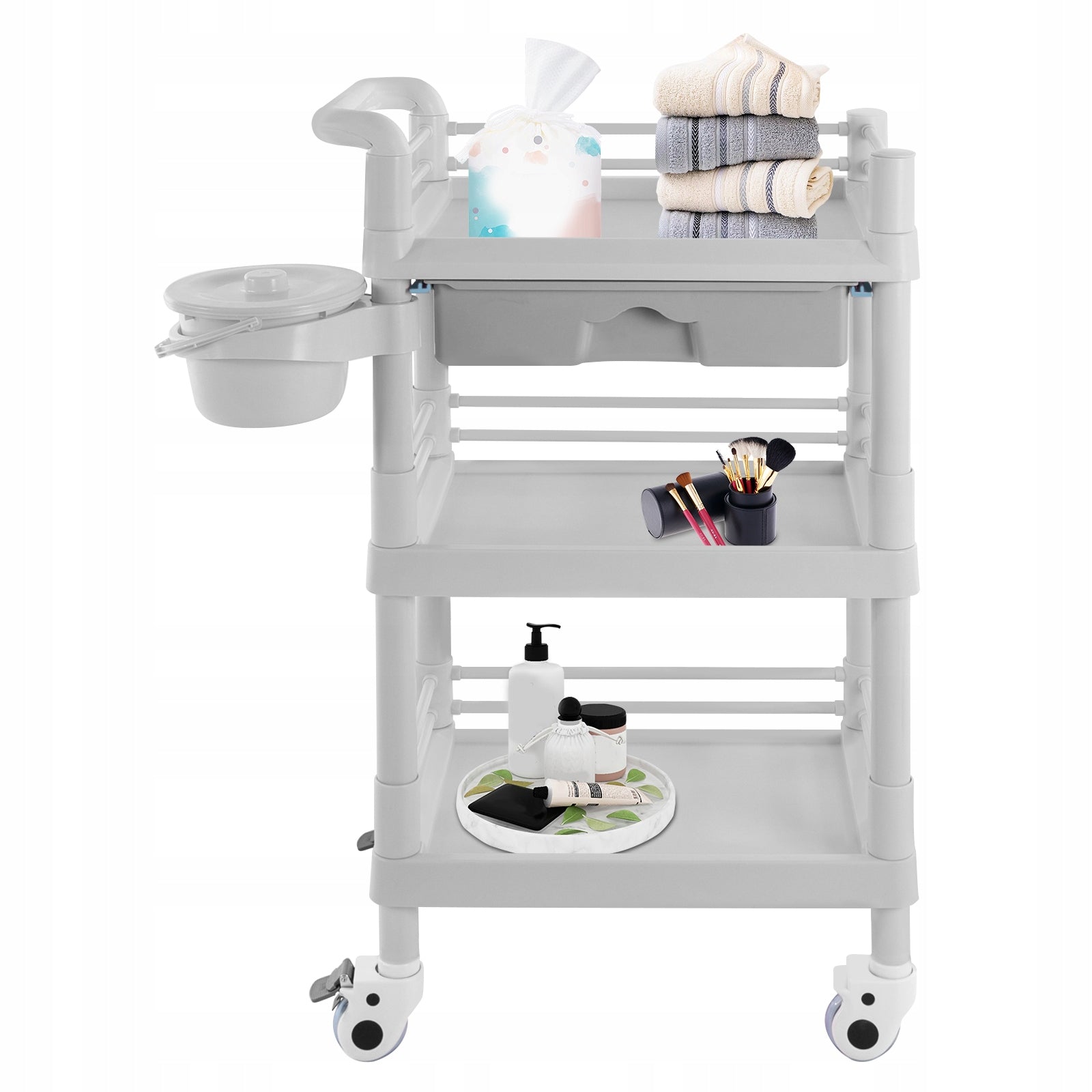 3-TIER LOUNGE CART, 100KG, DRAWER, TRASH CAN, WHEELS