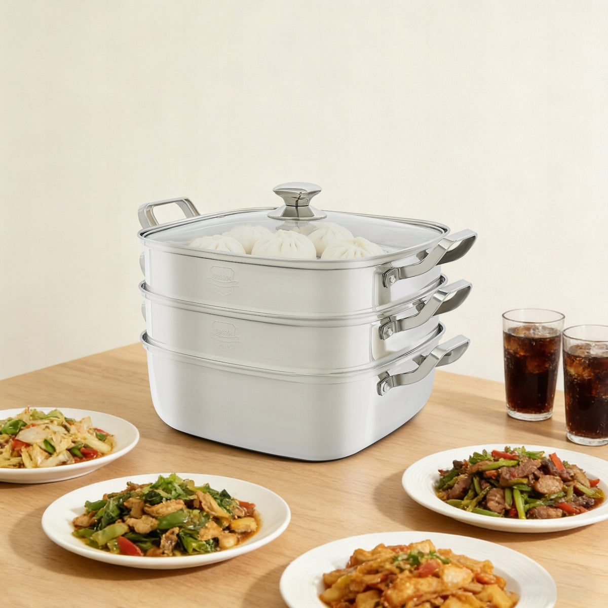 3-Tier Steamer Pot Square Steaming Cookware 3-Tier Steamer Pot with Lid Packaging status original