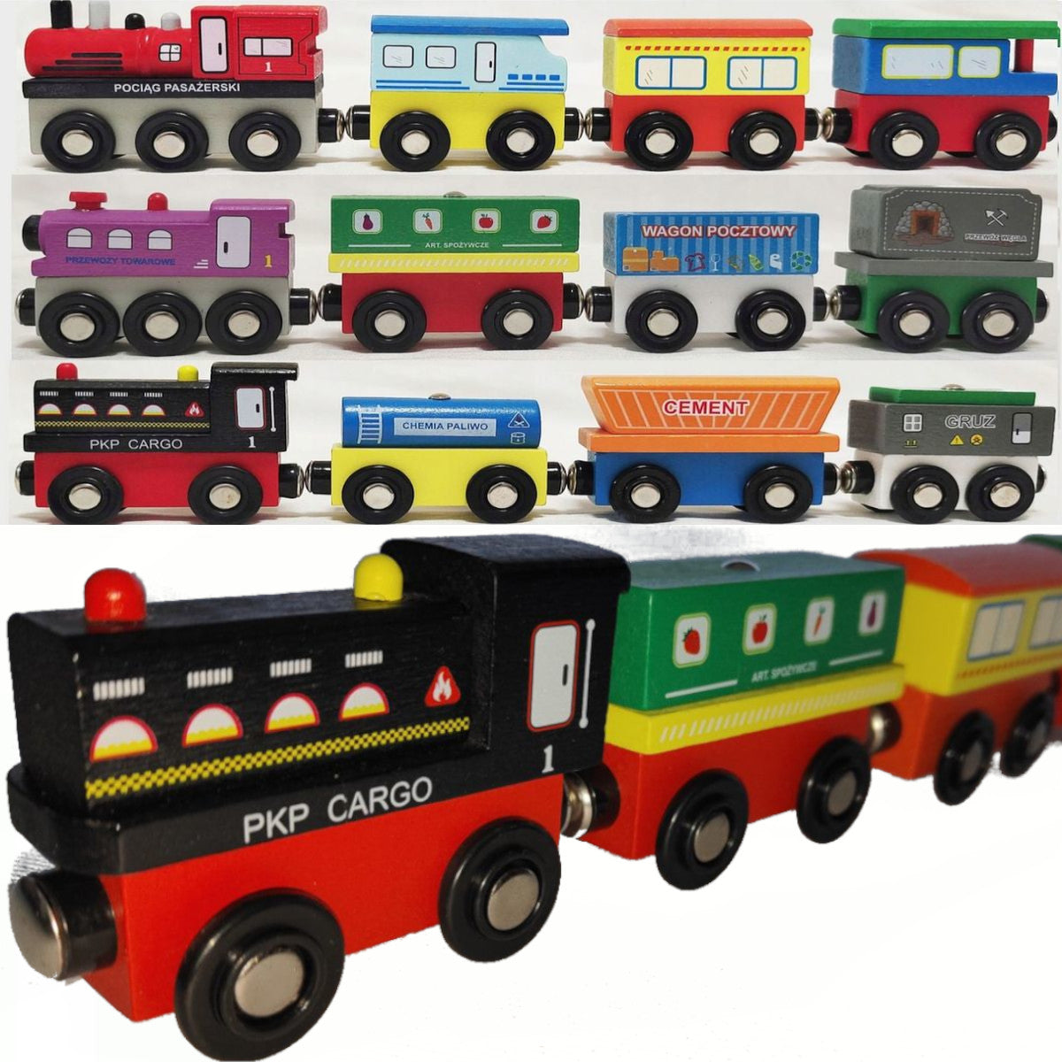 3 x Wooden Queue Train POLISH DESCRIPTIONS OF WAGONS QUEUE WOODEN TRACK Manufacturer code APE TRADE Kolejka drewniana