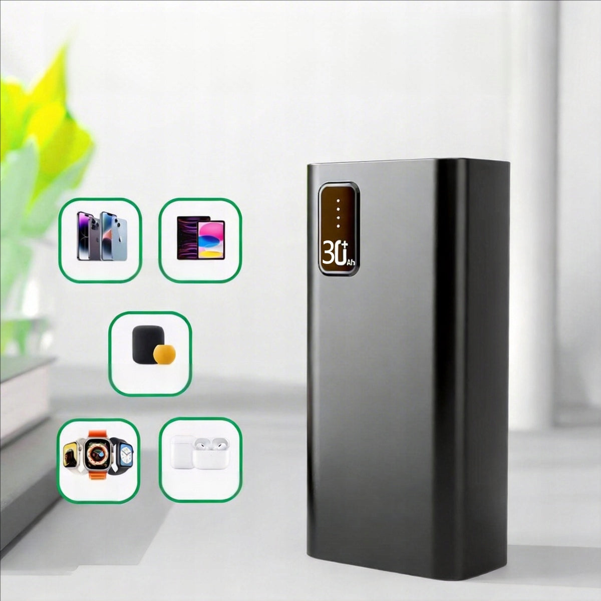 30000mAh Powerbank Fast Charging 20W USB-C USB-A PD3.0 QC3.0. Battery capacity 30000 mAh