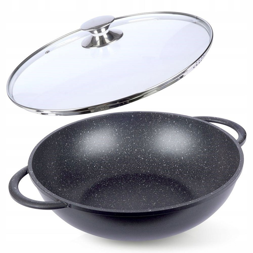 32 cm aluminum wok pan with granite coating Pfluon for induction with pokr