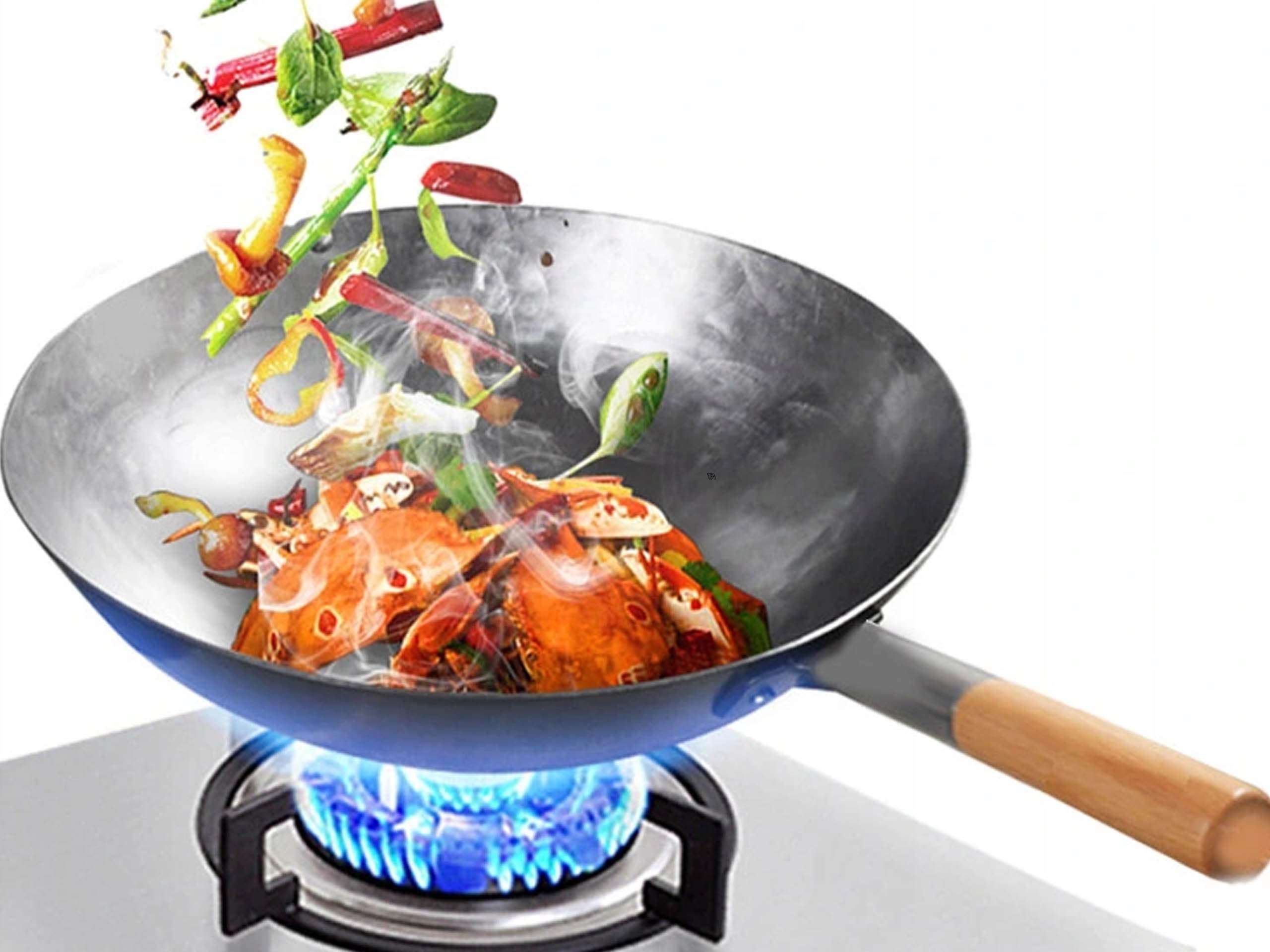 33CM 13" CHINESE CARBON STEEL WOK PAN WOODEN HANDLE