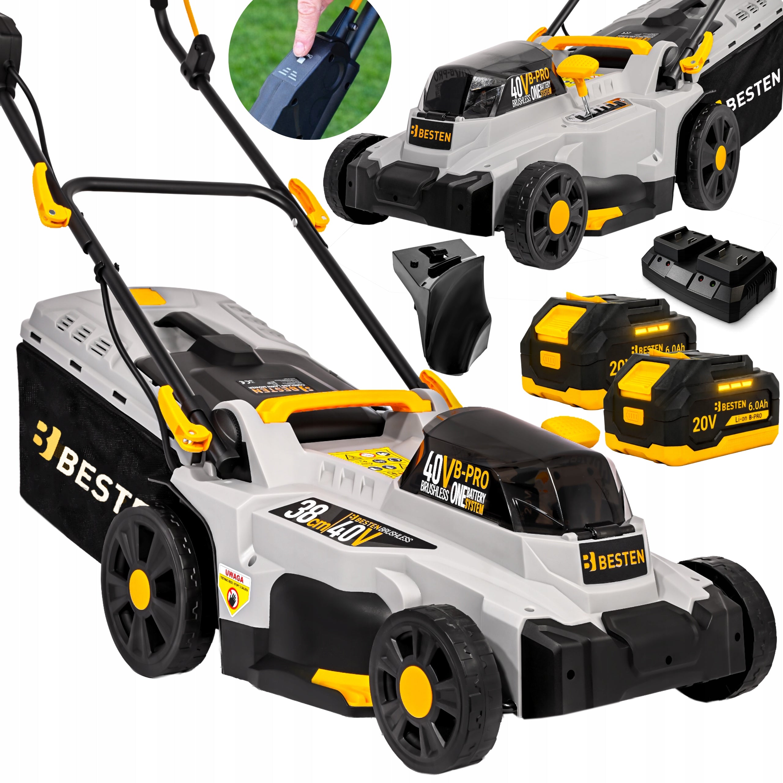 38CM BRUSHLESS CORDLESS LAWN MOWER FOR GRASS 2X AKU 6AH STRONG BESTEN