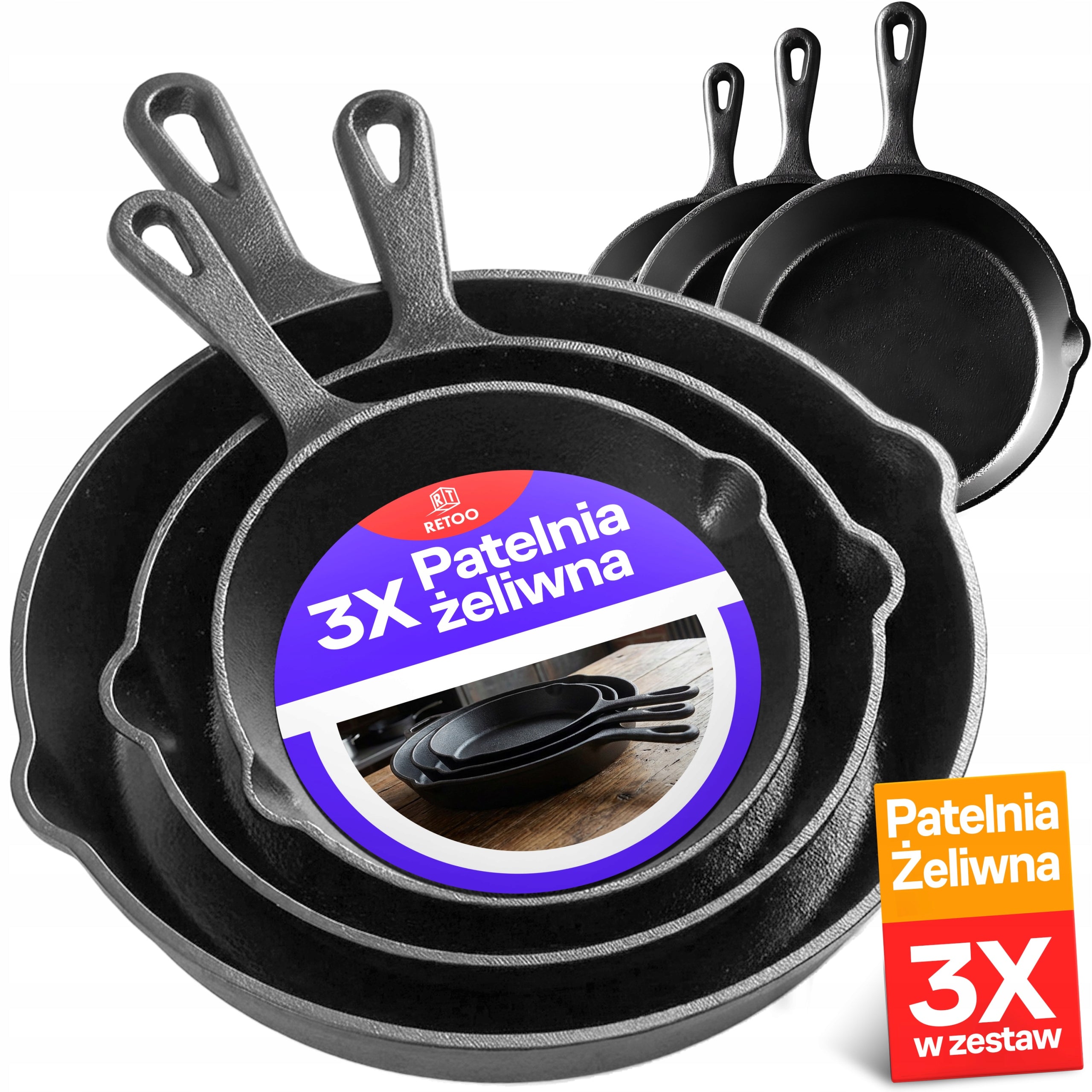 3X CAST IRON PAN DEEP XXL PAN SET INDUCTION GAS FOR PANCAKES
