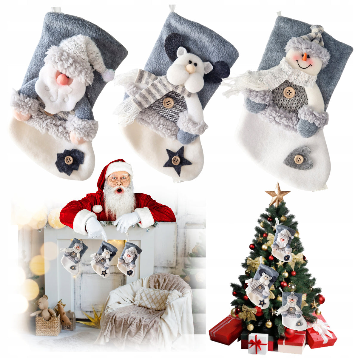 3X CHRISTMAS SOCK FOR GIFT Decorative Fireplace Shoe Decorative Window