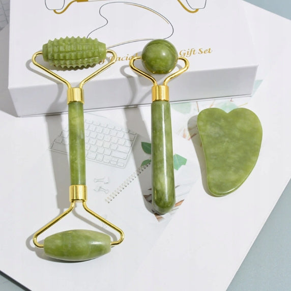 3in1 Face Massager STONE GUA SHA with jade roller massage set