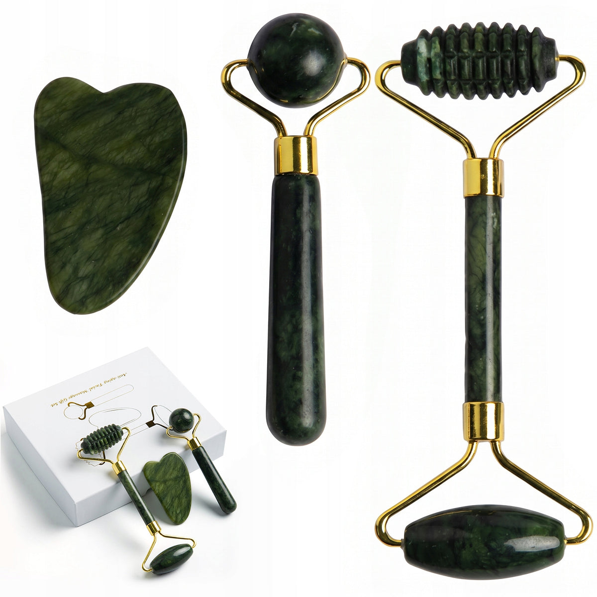 3in1 Jade Facial Massager Set Includes Roller Gua Sha Tools for Face