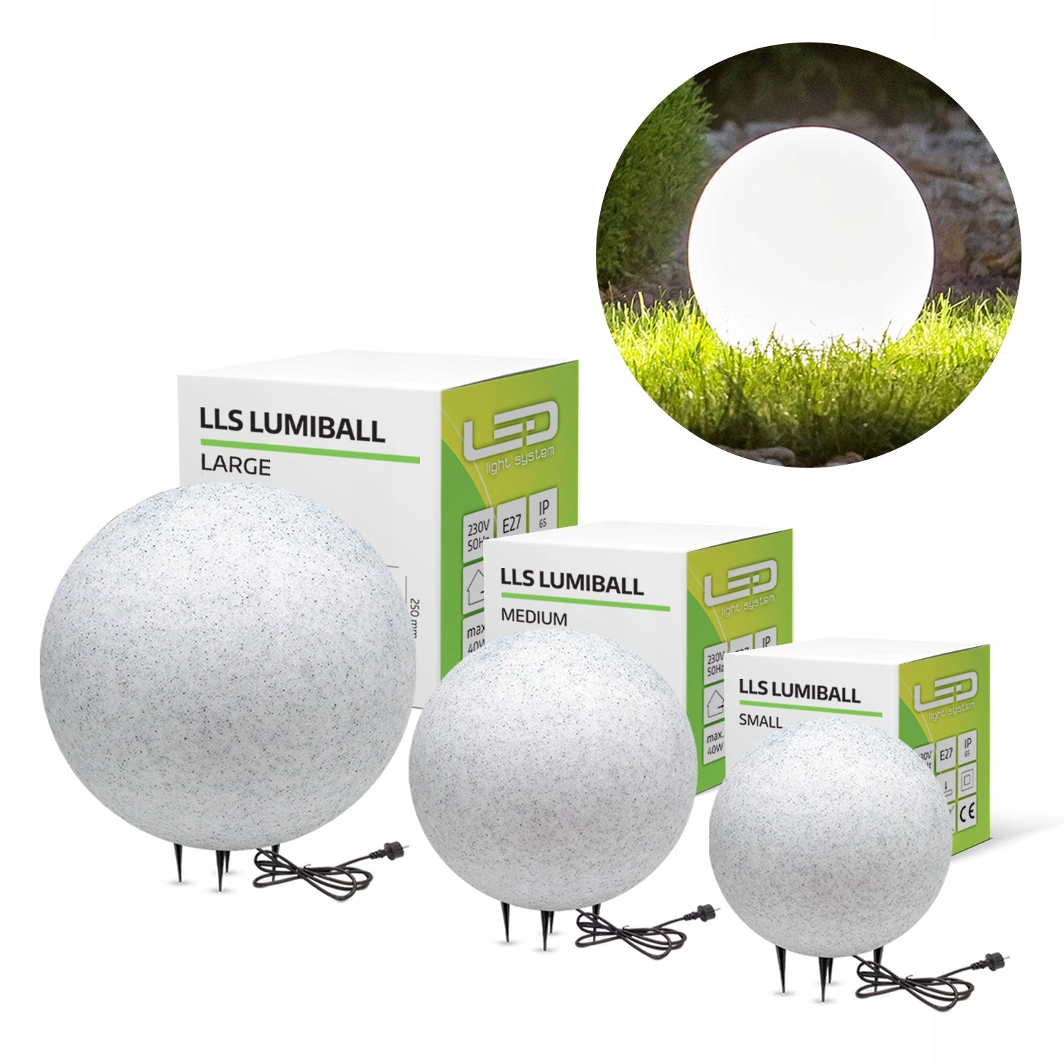 3x Ball Garden Lamp Light Decorative - 25cm, 28cm, 38cm IP65 SET