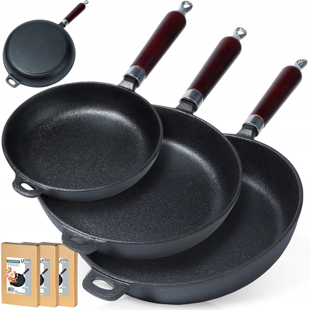 3x CAST IRON frying pan for gas induction grill for frying stewing 20 24 28 cm