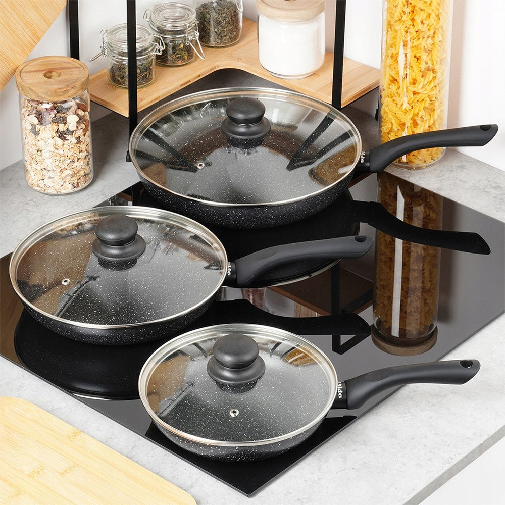 3x GRANITE frying pan for stewing set with lid 20 24 28 cm Packaging status original