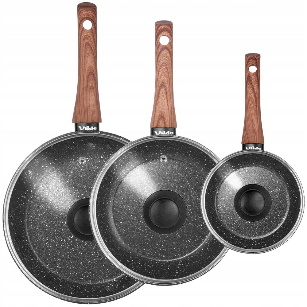 3x GRANITe frying pan stewing set with lid 16 20 24 cm Brand Vilde