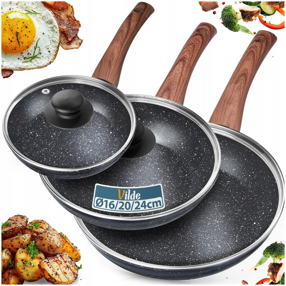 3x GRANITe frying pan stewing set with lid 16 20 24 cm