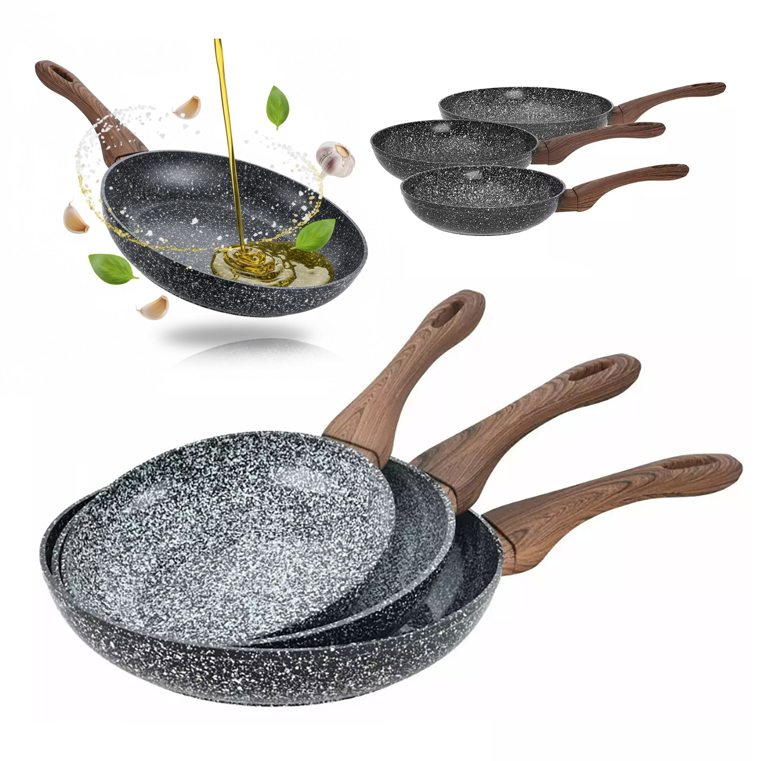 3x Granite Ceramic Pan 20/24/28 cm for Gas Inductions