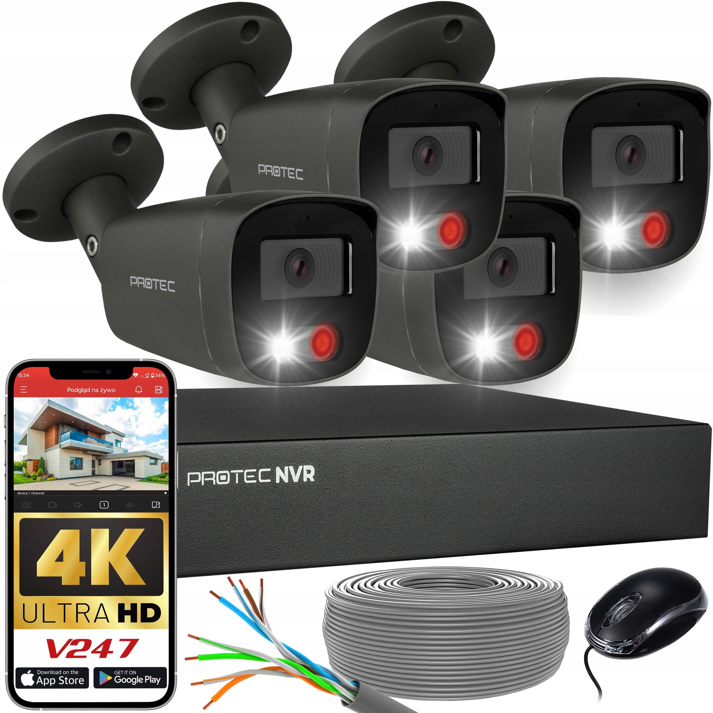 4 Camera Monitoring Kit 8Mpx 4K IP PoE External HDD