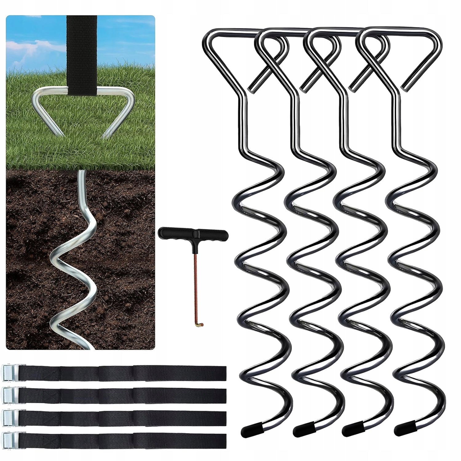 4 Pieces Anchors Spiral Herrings for Tent Trampoline Screwed + Straps