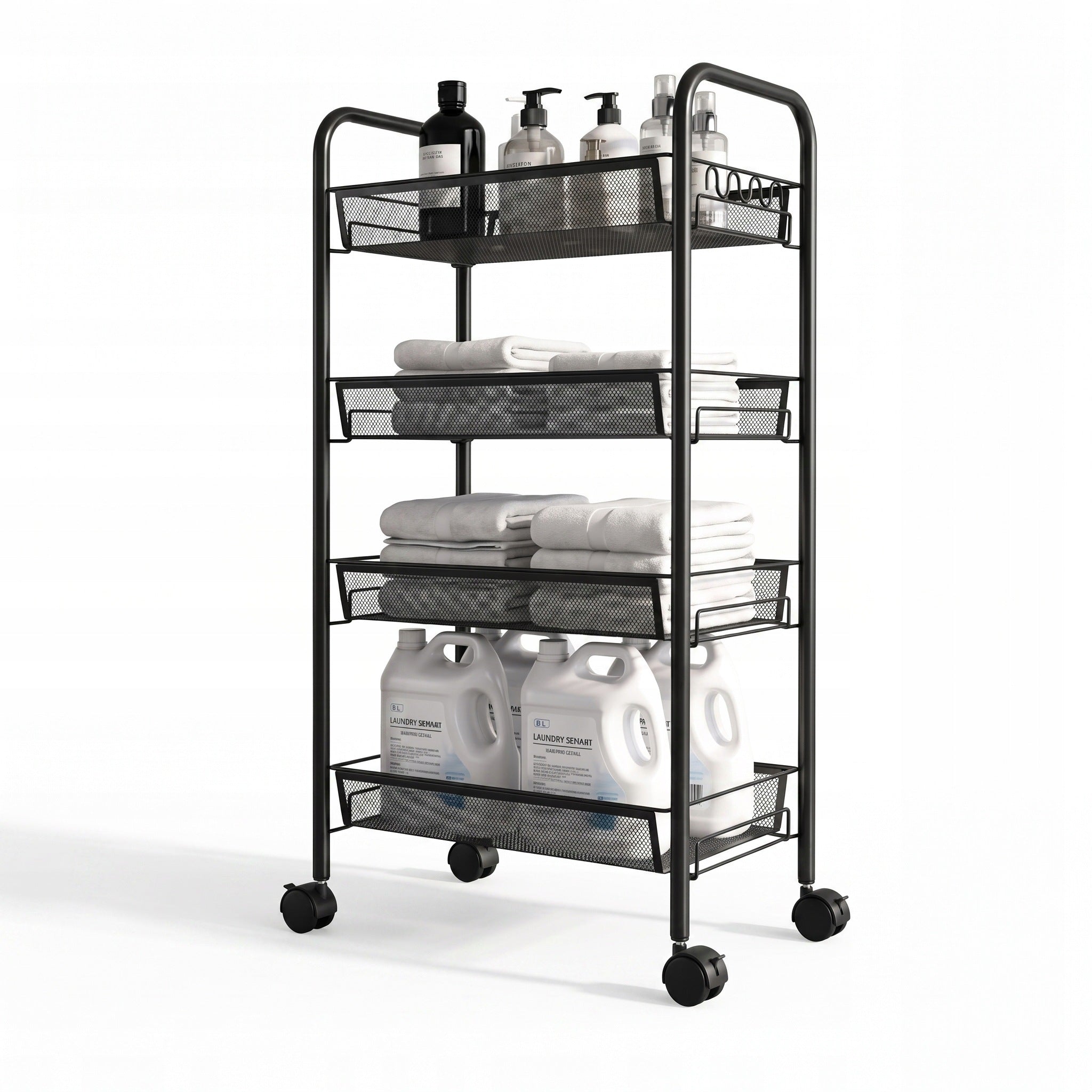 4-Tier Mesh Metal Black Wheeled Shelving Unit for Kitchen and Bathroom