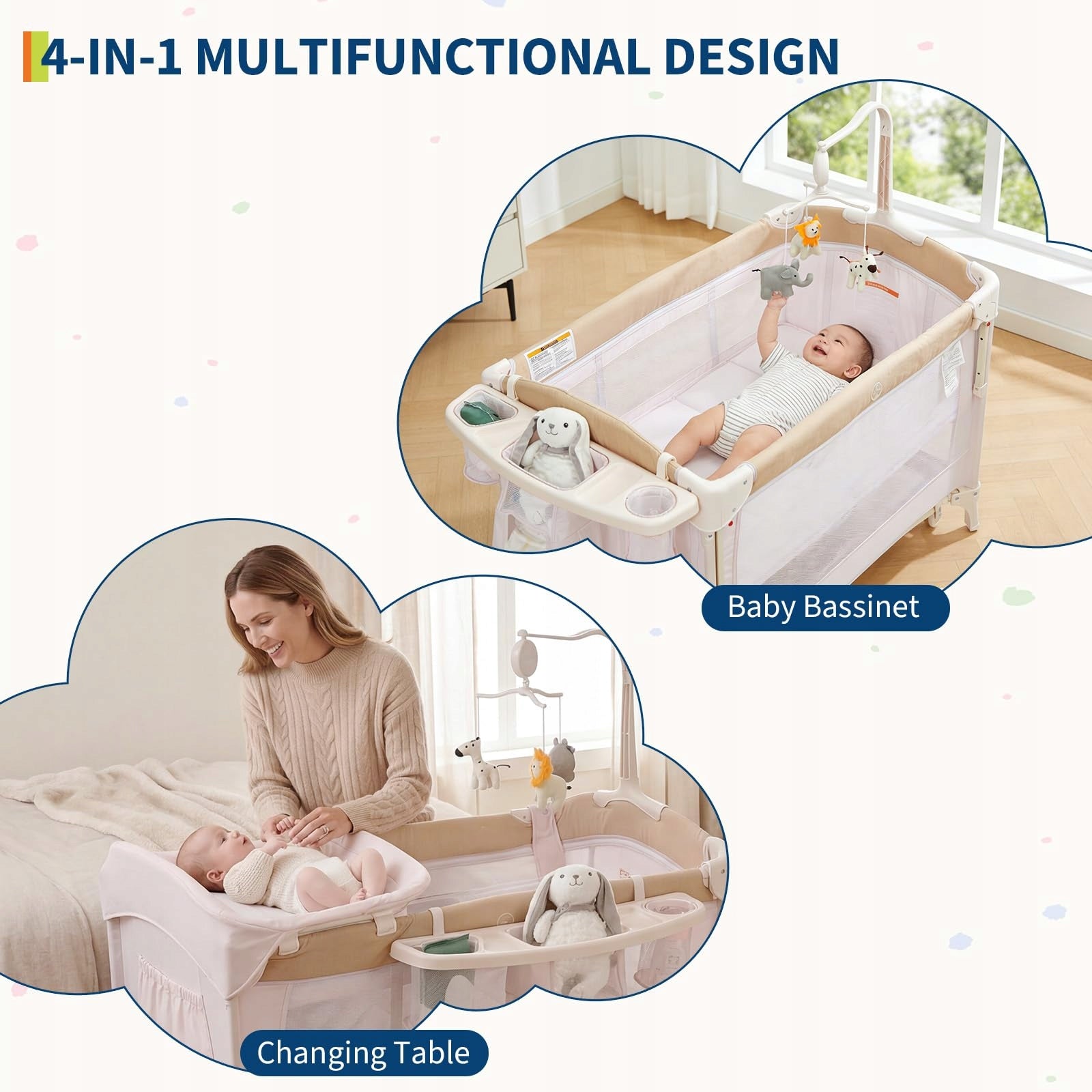 4 in 1 Baby Bedside, Rocking Bassinet, Diaper Change, Storage Pocket Product width 68 cm