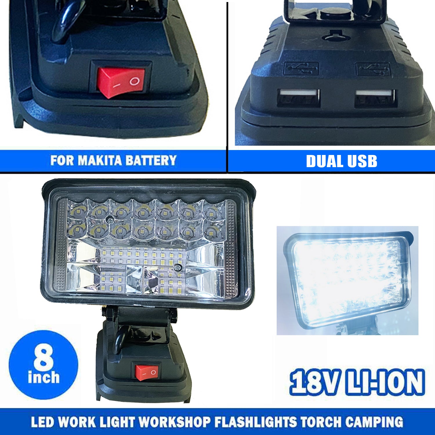 4 inch 2USB WORKING HALOGEN LED LAMP FOR MAKITA LITHIUM BATTERY Batteries included no