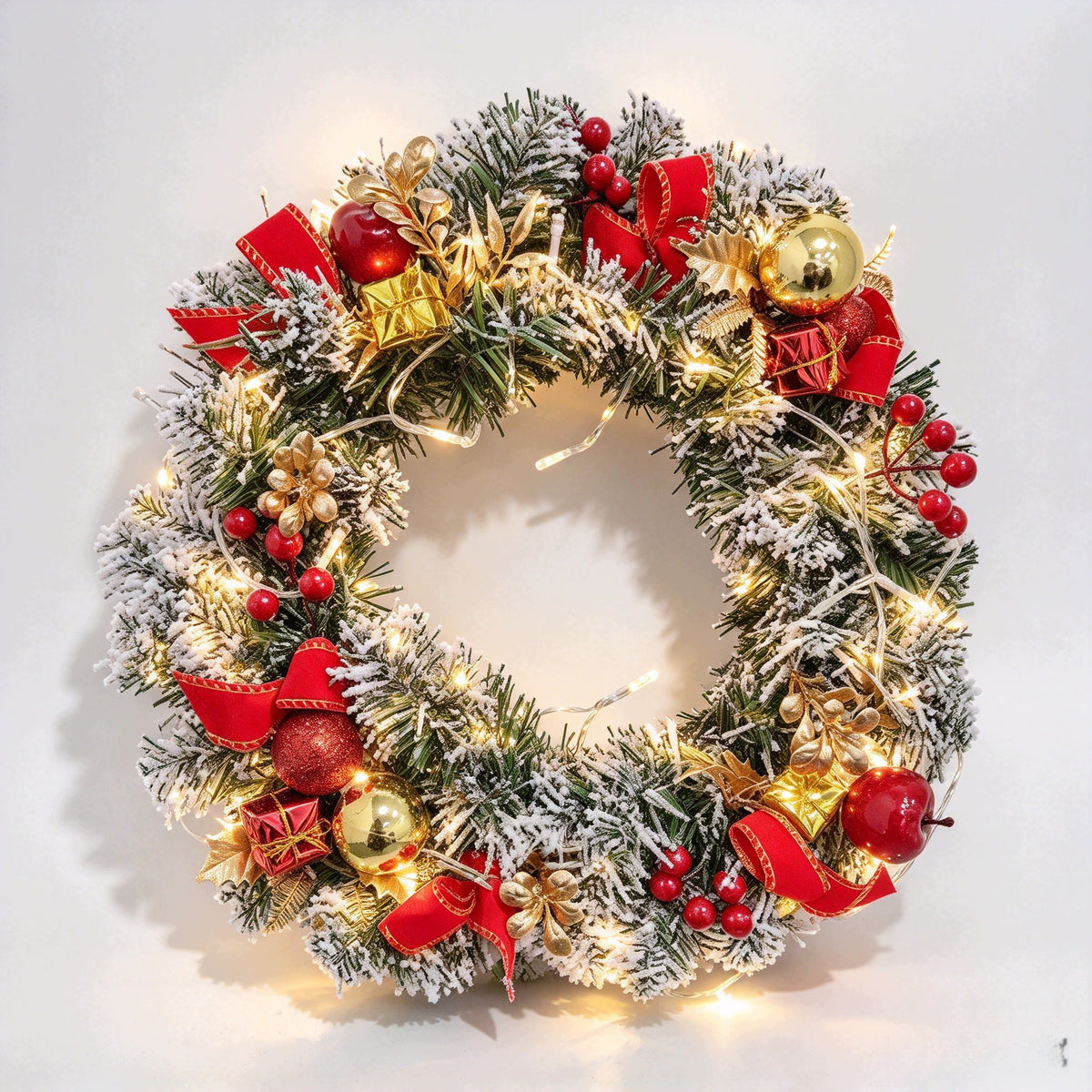 40cm Christmas Door Wreath Artificial Decoration with Light, Berries