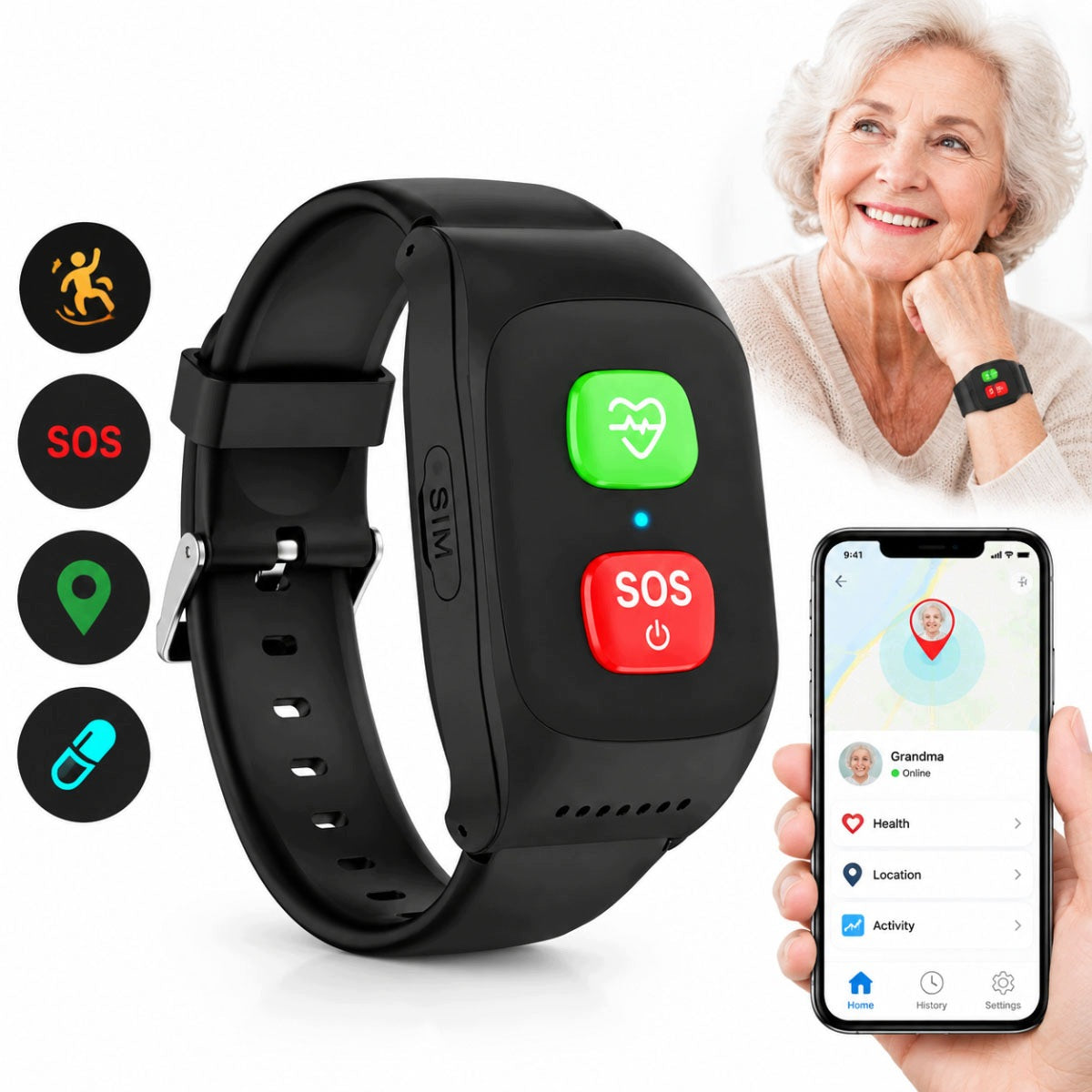 4G GPS WATCH FOR SENIORS WITH SAUCE BUTTON AND FALL DETECTION
