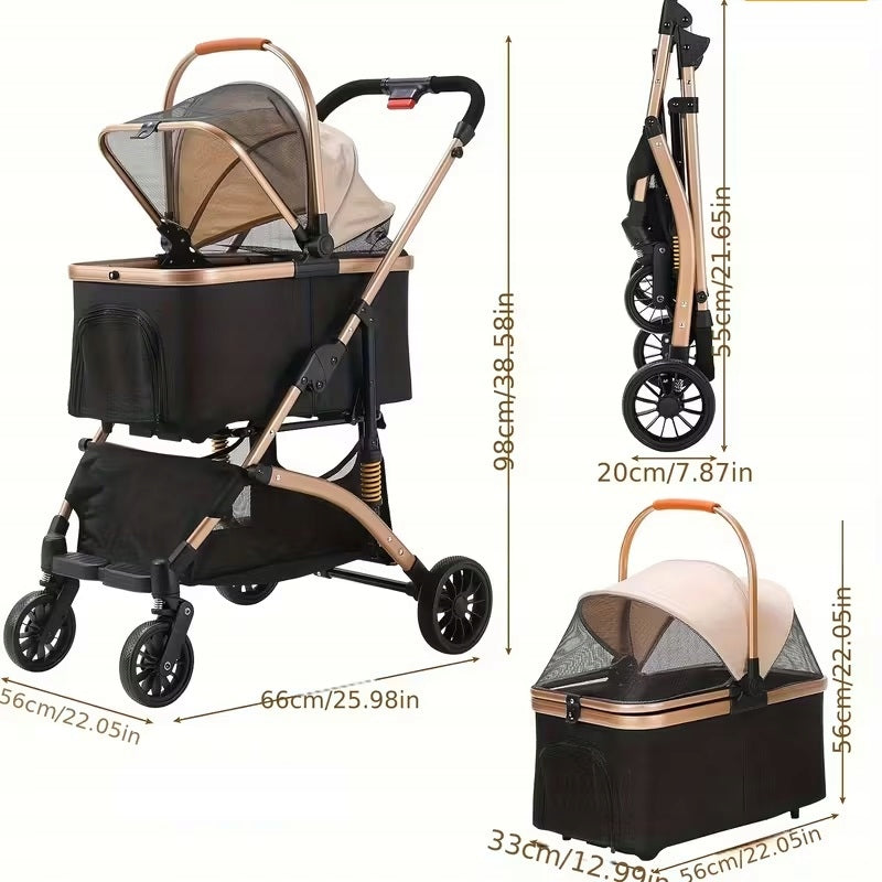 4IN1 DOG AND CAT STROLLER BLACK AND GOLD ALUMINUM FRAME Packaging status original