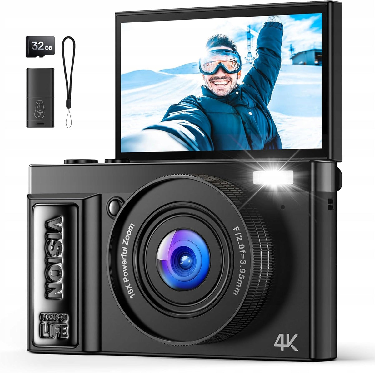 4K 64MP 16X zoom digital camera with 180° rotating screen