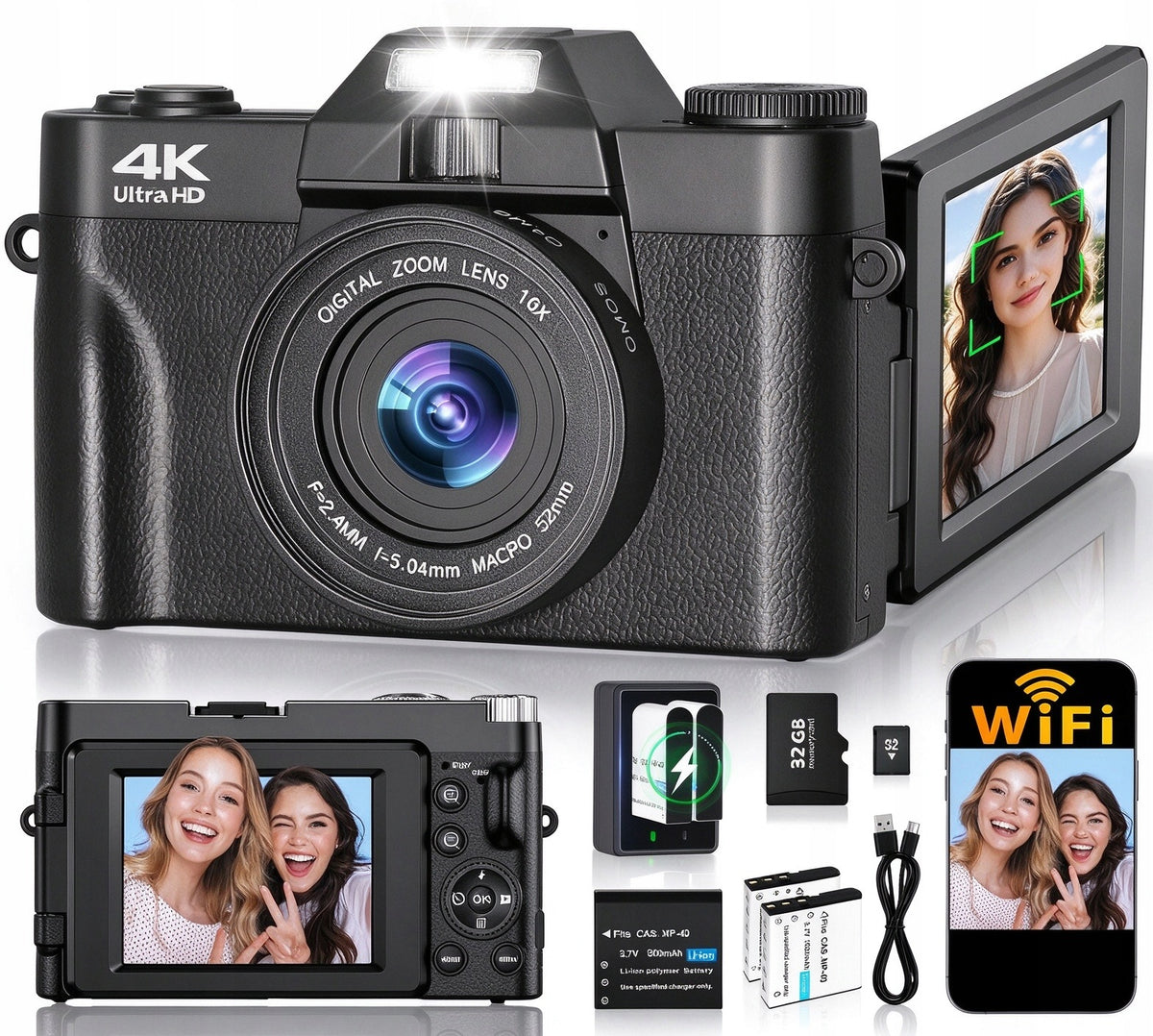 4K 76MP Digital Camera 16X Zoom Vlogging +32GB Card